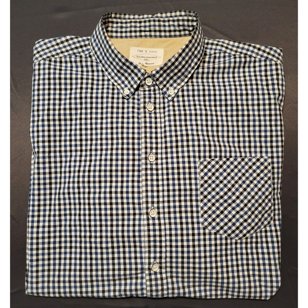 Rag & Bone Blue Black Check Gingham Button Down Shirt Mens XXL 2XL 100% Cotton